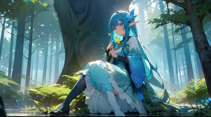 Green girl with long hair，blue color eyes，Elf style，Wearing a long green lace dress，The scene is in the forest，Over-the-knee lace stockings，Sitting on a yellow deer，Holding a light blue flower in his hand。