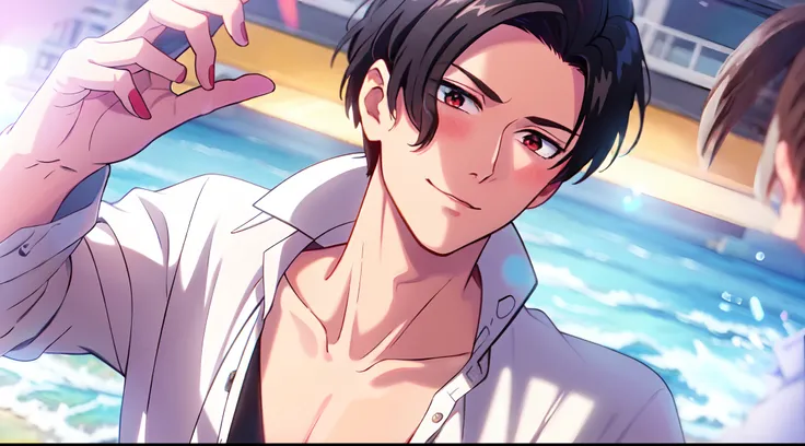 masterpiece, (1Boy), luci, red eyes, black hair, look at viewer, blush, light smile, closed mouth, (Beach), close up, (white colared shirt), open chest