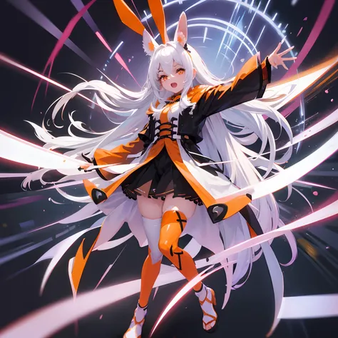 Rabbit ears、white  hair、Orange Eyes、Full body painting、Opening Mouth、1 persons、far coat