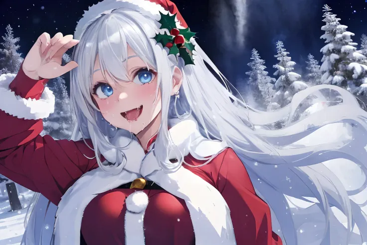 Christmas,Snowy landscape in winter,beautiful ilumination,Santa Claus in a voluminous luxurious dress,Silvery hair,Blue eyes,There are a lot of ornaments and gifts around,Happy smile,Wear sheer clothes、The air was also transparent.,Multiple men,SEX,Im flir...