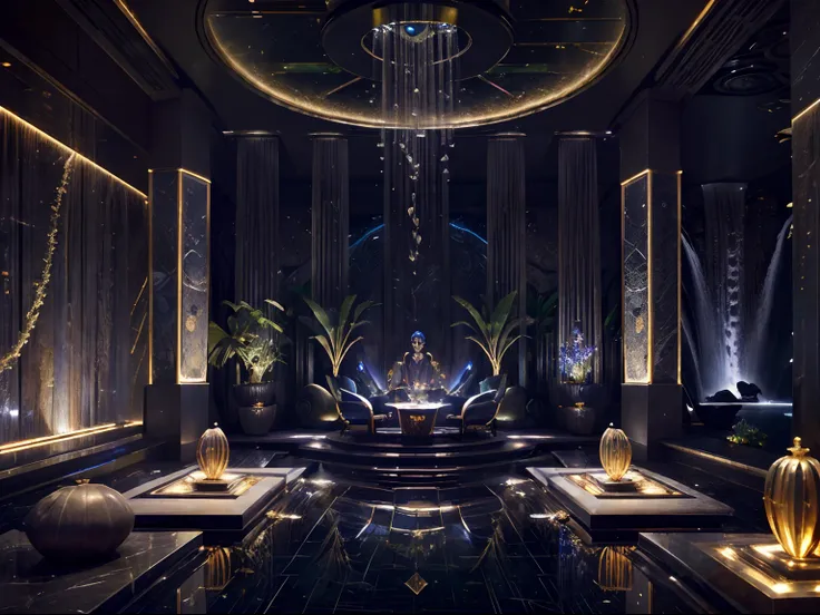 incredible luxurious futuristic karaoke bar in Ancient Vietnamese style with many ((lush plants)) (lotus flowers), ((amazing waterfalls)), (marble), ((precious minerals)), ((metals)), (gemstones), crystals, ((water)), futuristic luxury furniture, ((hierogl...