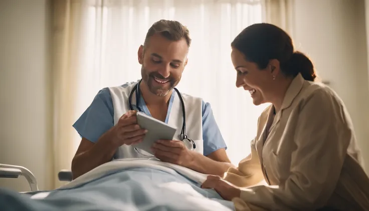 (masterpiece:1.2, best quality, highres), movie still, in a hospital, 3 medical staff, 1 nurse, holding a notepad, close-up, vibrant, joyful, warm and soft sunlight