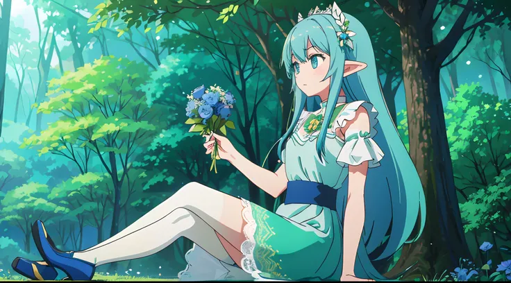 Green girl with long hair，blue color eyes，Elf style，Wearing a long green lace dress，The scene is in the forest，Over-the-knee lace stockings，Sitting on a yellow deer，Holding a light blue flower in his hand。