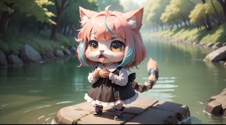 Chica gato ,chibi,dibujo anime ,growling,pelo rosa,peinado de coletas ,pelea con pescado ,Bottom of a river, calidad hd ,half-day,colores brillantes