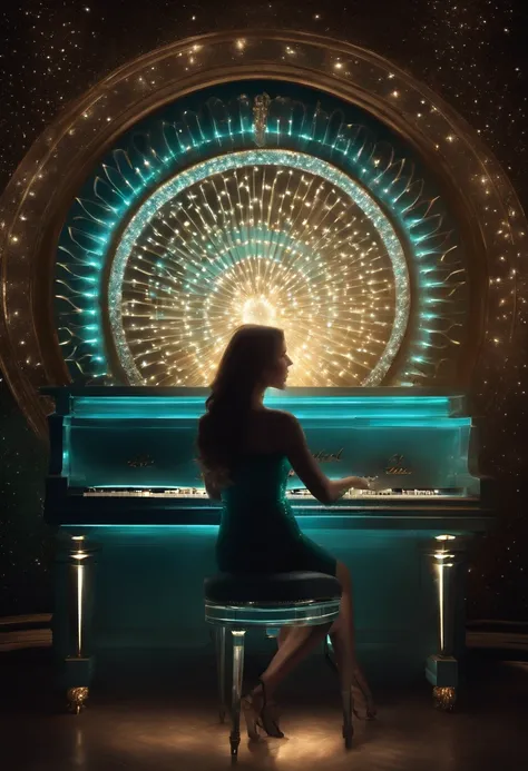 Piano Keyboard,Circle-shaped,Aquamarine colored lights,Twinkling stardust