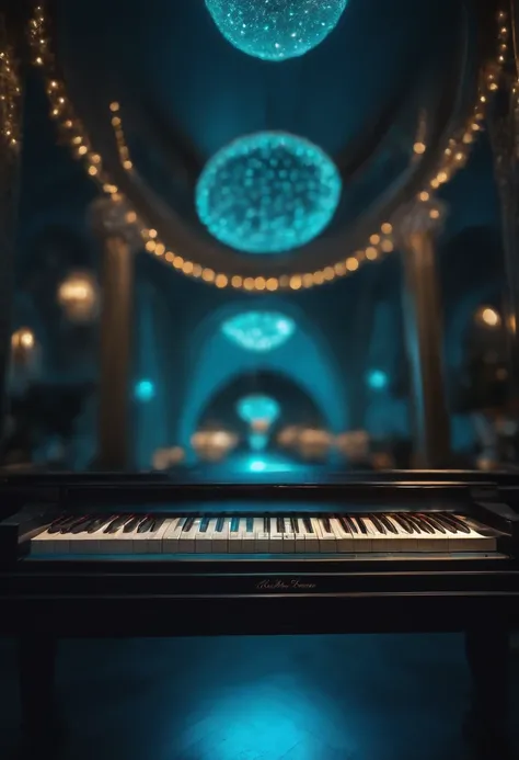 Piano Keyboard,Circle-shaped,Aquamarine colored lights,Twinkling stardust