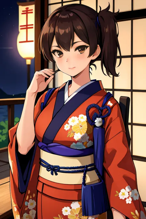 (masterpiece, best quality:1.2),illustration,8k,hd,1girl,solo, brown_hair,side_ponytail,brown_eyes,short_hair,long_hair,large_breasts,Kaga, (newyear_costume), japanese_clothes, kimono, long_sleeves, wide_sleeves, obi, headgear, long hair, kimono, sash, flo...