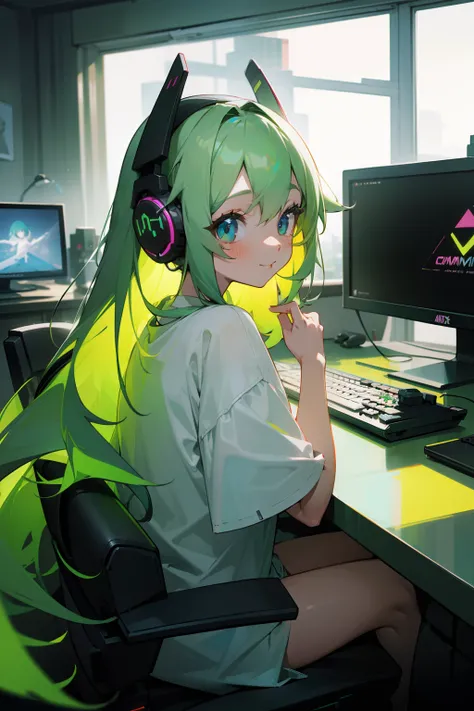 Long ash green hair, random colored eyes, girl, happy, small, cute, big shirt, computer, gaming, rgb lights, headphones, computer bacground