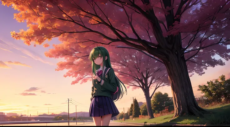 Anime girl.lonely, shy girl,Long purplish green hair, wearing a school uniform, walking near the river, sunset.loli.high quality,Autumn tree