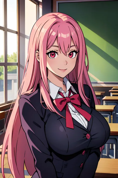 masterpiece, best quality, 1girl, red eyes, eyes in highlight, pink hair, long hair, huge breasts, school uniform, classroom, smile