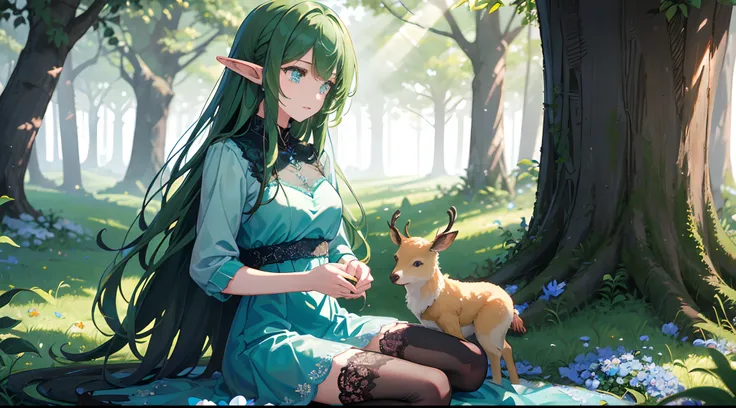 long hair green girl，blue color eyes，elf style，wearing a long green lace dress，the scene is in the forest，over-the-knee lace sto...