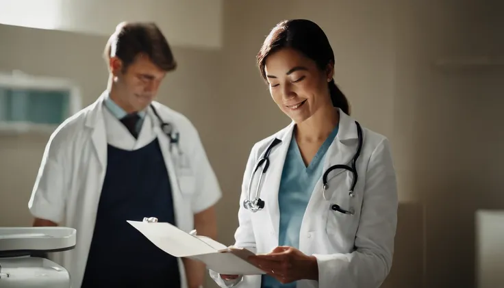 (best quality:1.2,highres),movie still,inside a hospital,3 medical staff,1 nurse,holding a notepad,looking at the camera,Asian people,close-up,bright,happy,warm soft sunlight,professional lighting