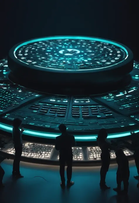 Circle-shaped keyboard with players standing inside,Aquamarine colored lights,Large and small stars twinkle