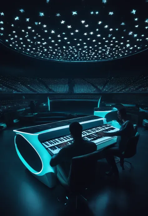 Circle-shaped keyboard with players standing inside,Aquamarine colored lights,Large and small stars twinkle