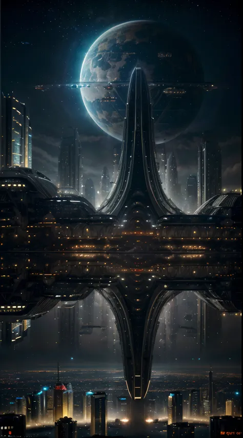 ((hyper-futuristic city、World of science fiction、megastructure、Faraway view:1.2))、masutepiece, Best Quality, Ultra-detailed, finely detail, hight resolution, 8K、Planet Cities、Spaceships fly around