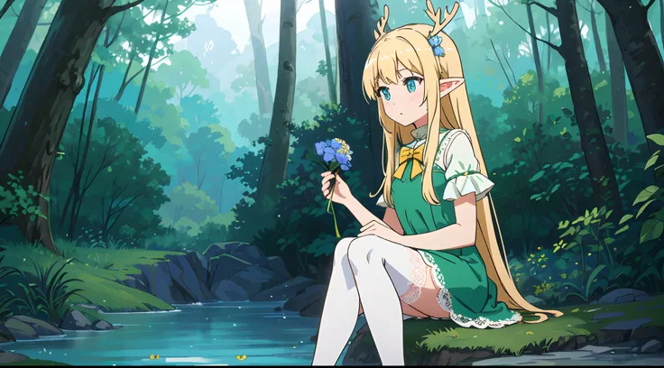 Long hair green girl，blue color eyes，Elf style，Wearing a long green lace dress，The scene is in the forest，Over-the-knee white lace stockings，Sit on a yellow deer，Holding a pale blue flower in his hand。