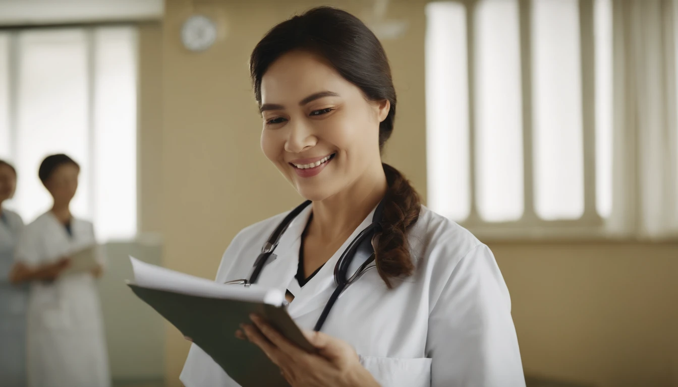 (best quality, highres, masterpiece:1.2), movie stills, in a hospital, 3 medical staff, 1 nurse, 1 senior doctor, holding notes, looking into the camera, Chinese, close-up, bright, joyful, warm soft sunlight