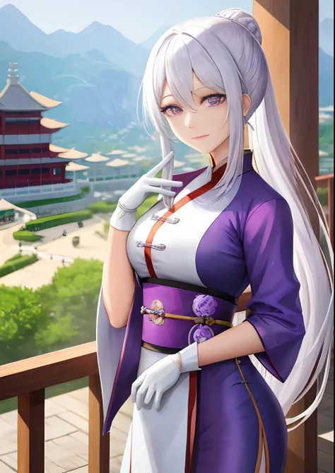 A woman，Watching the view，，White hair，Wear purple Hanfu，Long white gloves are worn on the elbows，Chinese Ancient Architecture