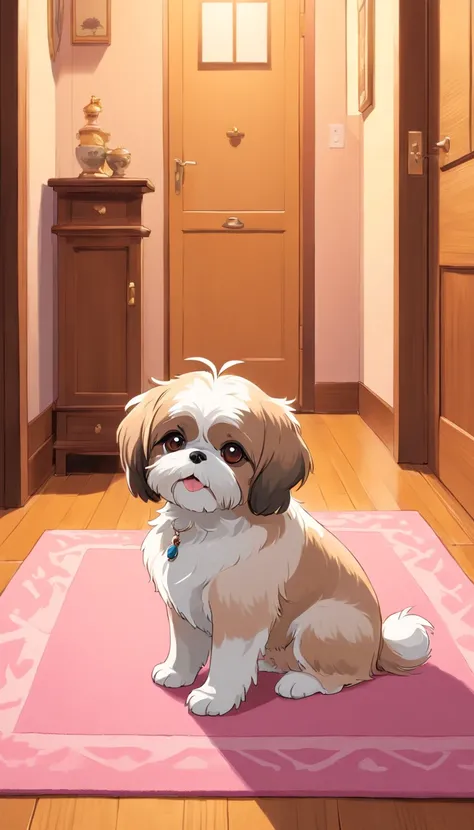 Generate a high-resolution image of a Shih Tzu dog sitting on a cream-colored rug with a geometric pattern. The dog has a distinctive short and stout body, with a round face, large, dark eyes, and a short snout. Its fur is white with light brown patches, p...