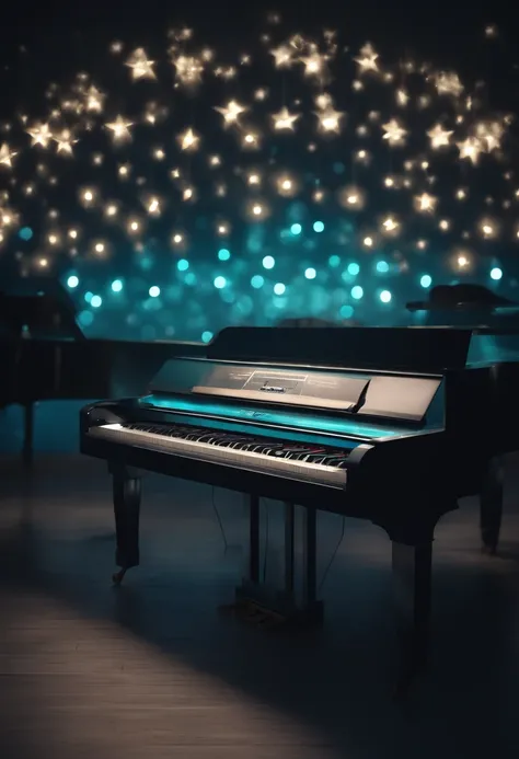 Circular piano keyboard,White key inside,Aquamarine colored lights,Large and small stars twinkle on the screen