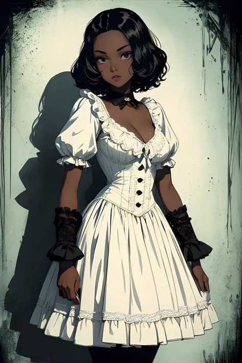 A girl, 1girl, dark skin, full body, vintage horror, 1940s, shapes, gothic, vintage, sexy, anime style, (clear background:1.0)