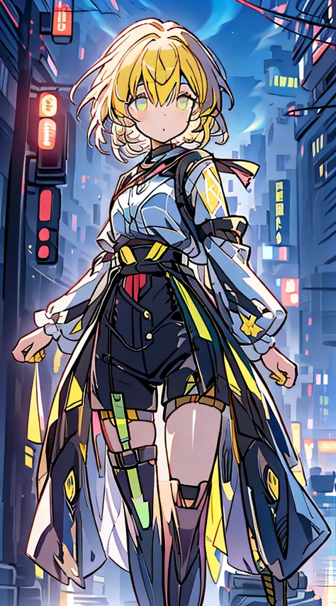 masutepiece, Best Quality,Illustration, Wallpaper, Ultra Detail, absurderes, 1loli, Solo, (yellow short hair、short Hair), Beautiful detailed eyes , (Street), luminous sky,(a panoramic view:1.3),(Sense of depth:1.5),(longshot:1.3), tokyo