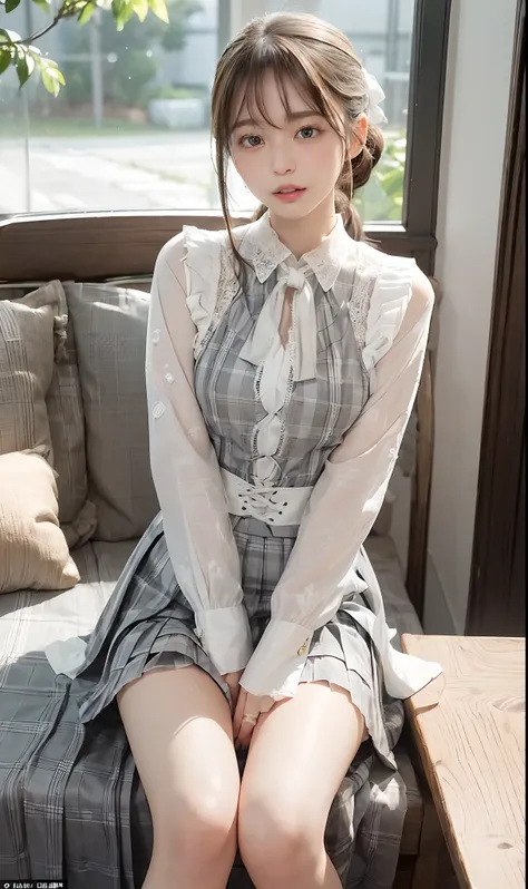 (((look away,poneytail、a slender、style like a model、nsfw,mouth ajar))),(((((knee-length pleated skirt in grey plaid、white lace-u...