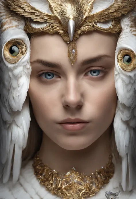 （Close-up of a pure white owl standing on a human shoulder），（Pure white owl：1.37），（Stand on Athenas shoulders），（Stand on the shoulder:1.37） The owls face is round, Big blue eyes, very large eyes, short, Curved beak, short, Dense all-white feathers, Thick c...