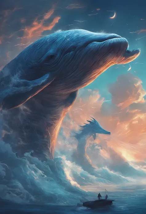 China-style，Chinese mythology，whales，With wings，floating in air，tosen，Ferocious，gargantuan，The eyes glow blue light，the sea，Huge waves，surrounded by cloud，中景 the scene is，Full body like， highly detailed surreal vfx，oc rendered， - AR 16:9 --q 2 --s 1000