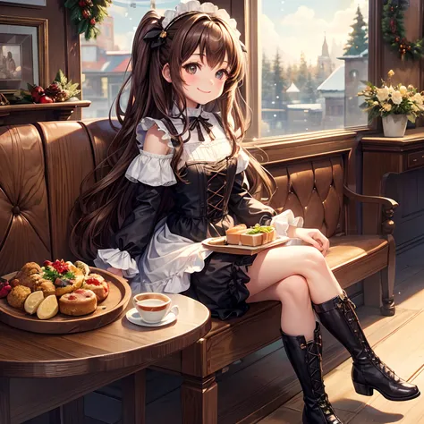 best quality, masterpiece, 8K, cafe, a girl, food photo, happy, smiling, sitting, looking at viewer, wave hair, brown hair, brown eyes, big eyes, petite, gothic lolita, boots, at Christmas, in the cafe, with a flower, cute, closeup shot