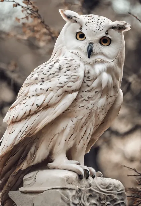 （Close-up of a pure white owl standing on a human shoulder），（Pure white owl：1.37），Pure white owl，Pure white owl，（Stand on Athenas shoulders），（Stand on the shoulder:1.37） The owls face is round, （Big blue eyes：0.8）, very large eyes, short, Curved beak, shor...