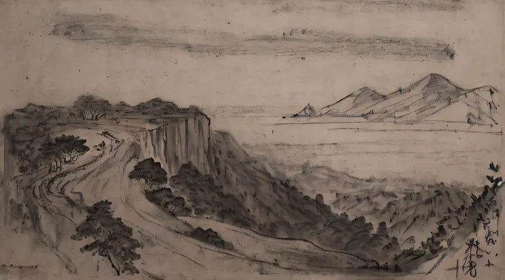 landscape, deciduous forests, cliffs, charcoal sketch, very detailed and delicate