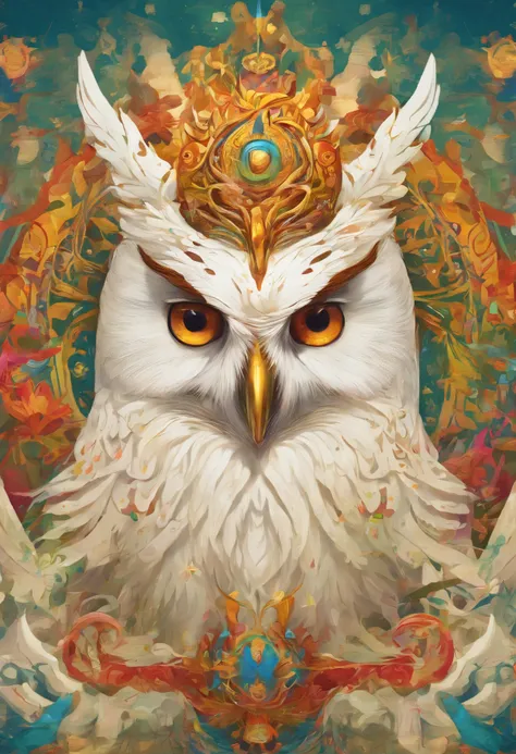 （Close-up of a pure white owl standing on a human shoulder），（Pure white owl：1.37），Pure white owl，Pure white owl，（Stand on Athenas shoulders），（Stand on the shoulder:1.37） The owls face is round, （Big blue eyes：0.8）, very large eyes, short, Curved beak, shor...