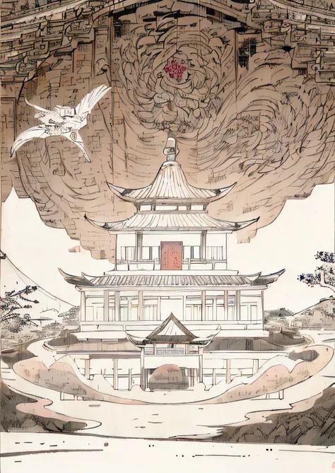 A picture of a pagoda，Birds fly around it, Chinese style buildings, background depicting a temple, digital painting of a pagoda, Chinese palaces, Chinese architecture, Ancient Chinese architecture, inspired by Shūbun Tenshō, highly detailed linework, Templ...