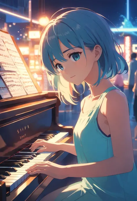 ​masterpiece、top-quality、Movie stills、Yu Suzuno,Circular piano keyboard、happiness、Cold soft lighting、Aquamarine colored lights、(Spark:0.7)