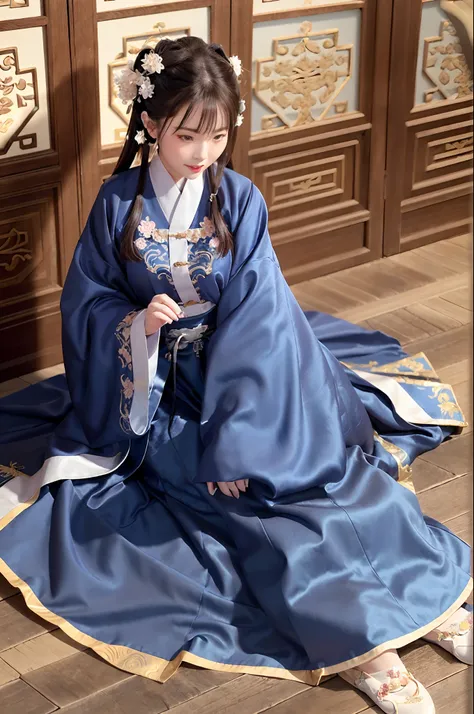 (8k, best quality, masterpiece:1.2), (realistic, photo-realistic),1girl, cute, ((crawl)), dating,(smile:1.15), (closed mouth) small breasts, beautiful detailed eyes,  (Hanfu, ming, ming Dynasty, ming clothing: 1.4),full body,