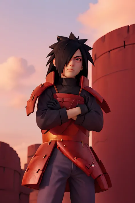 (masterpiece, best quality:1.2), red background, cowboy shot, solo, male focus, 1boy, uchiha madara, expressionless, looking at viewer, crossed arms,black long hair, hair over one eye, japanese armor, black gloves, background sky