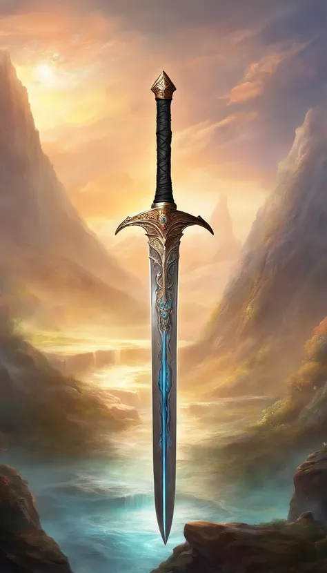 A large, Powerful, legendary sword with many details, kein Hintergrundbild, schwarzer Hintergrund