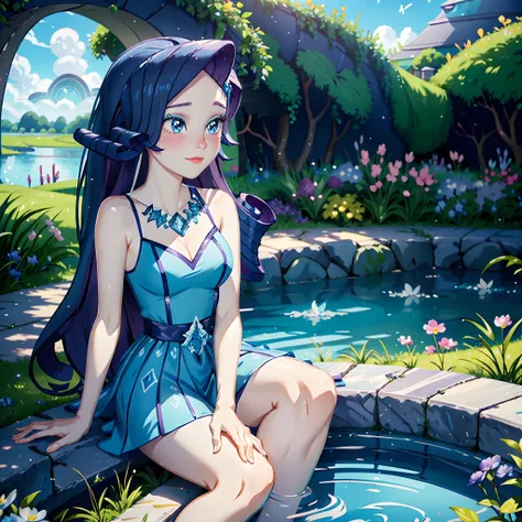 Rarity, rarity from my little pony, rarity in the form of a girl, lushes breast, curvy hips, dark purple curly hair, blue oceanic eyes, barefoot, white and blue royal dress, in a mythical garden, sitting down on grass, waterfall, blue and white flowers eve...