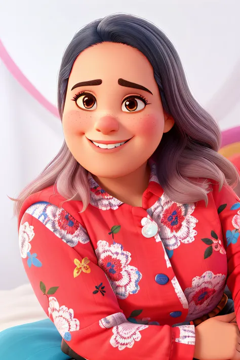 Uma personagem baseada no universo Disney Pixar com cores vibrantes, cheia de charme, texturas detalhadas, ela tem 46 anos de idade, is Brazilian, tem pele morena clara, cabelo loiro com mechas, She has smooth skin, her profile is a chubby, thinner and mor...