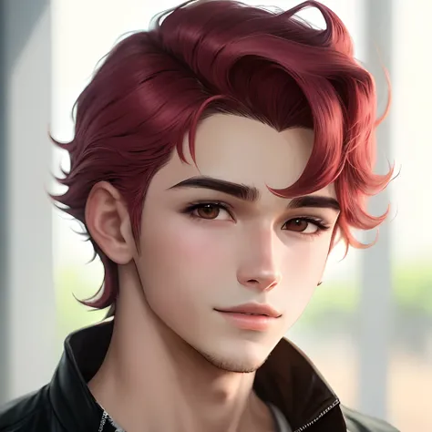 Garoto de anime baixinho com semblante envergonhado, cabelo rosado e rosto vermelho