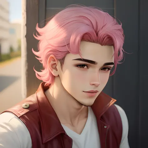 Garoto de anime baixinho com semblante envergonhado, cabelo rosado e rosto vermelho