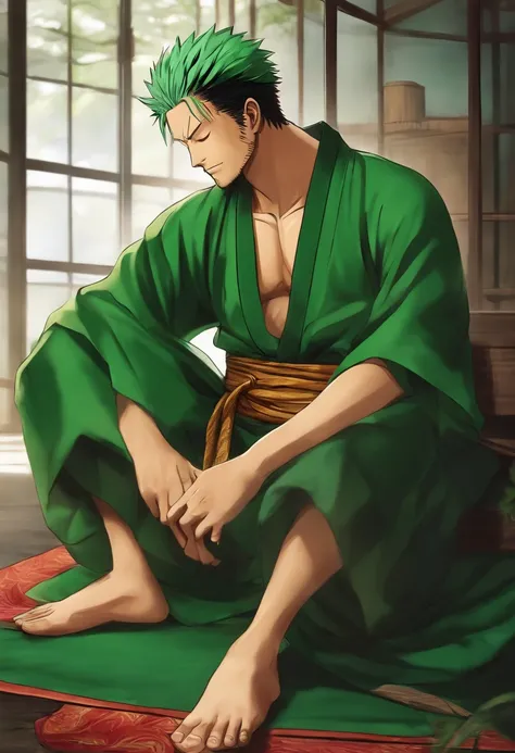 Zoro one piece, wearing green yukata, sitting cross - legged, sleeping