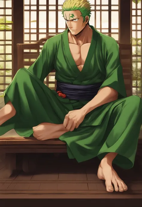 Zoro one piece, wearing green yukata, sitting cross - legged, sleeping