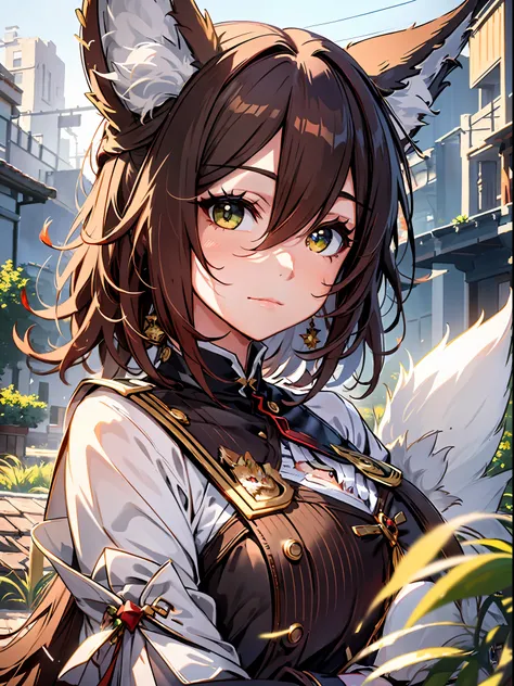 Masterpiece, 8K picture quality, extreme details, cute fluffy fox ears, anime fox fairy, short brown hair with charming eyes, exquisite facial portrayal and hand details, Gongbi painting, dressed in red classical costume: 1.5, expression changeable and cut...