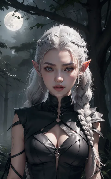 (Dark elf witch), the face of zendaya:Dua lipa, pointy ears, grey skin, white hair, (high top fade haircut), (one braid in one side of the head), masterpiece, dark forest in the background, fog, in the night, full moon ligth, 8k, detailed digital art.