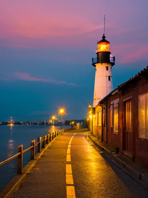 sunset,fishing port,lighthouse,footpath,fencing