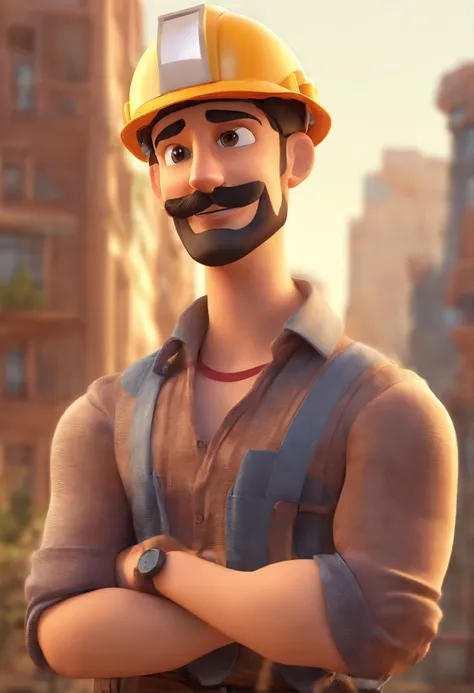 Estilo Pixar: Brown-eyed man with construction helmet on his head, 27 years old with short dark brown mustache, , brinco na orelha direita, folded arms, tattoo on the arms, sorrindo com camisa branca, in a building under construction