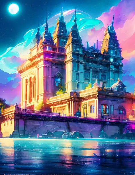 Colorful Metropolitan Museum of Art、River painting with stars and moon in rainbow sky、the met、Shining skyscrapers、Shine across the board、Skyscrapers、Concept art inspired by Mitsuoki Tosa、pixiv contest winners、top-quality、Fantasyart、beautiful anime scene、Br...