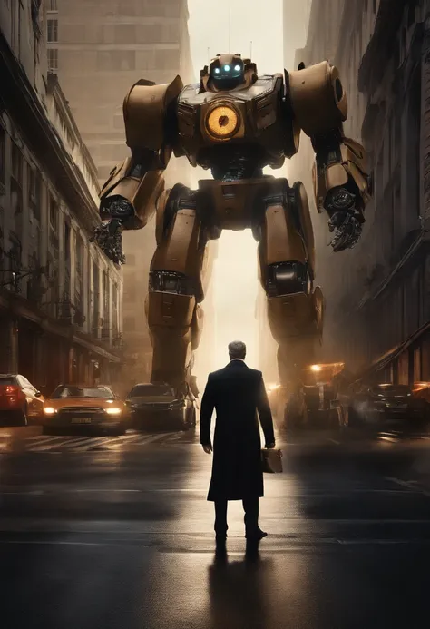 Arafed robot standing on a city street with a woman passing by, Directed by: Guillermo del Toro, Filme ainda de Gal Gadot, symmetrical dieselpunk warrior, big titan creature in the center, Directed by: Free Pejic, FilmStill, victorian setting, Directed by:...